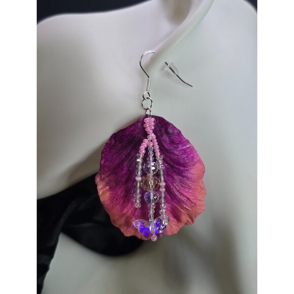 Crafted .925 Sterling Silver Pink Hibiscus Gemstone Ornamental Dangle Earrings - Picture 4 of 6